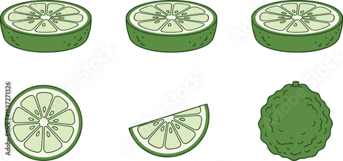 Vector illustration set of a bright yellow whole lemon, a cross-section slice, two wedges, and two separate green leaves, symbolizing freshness, citrus flavor, and organic ingredients.