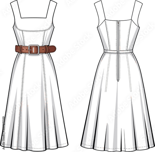 Detailed sleeveless midi dress fashion flat sketch featuring belted waist, structured seams, front and back views, and clean technical illustration for apparel design.