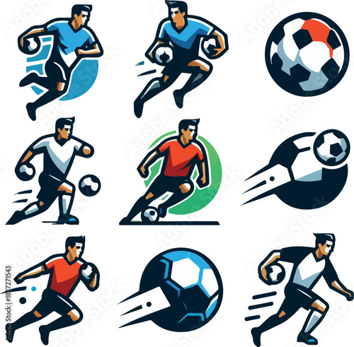 Football player logo  vector bundle set white background .
