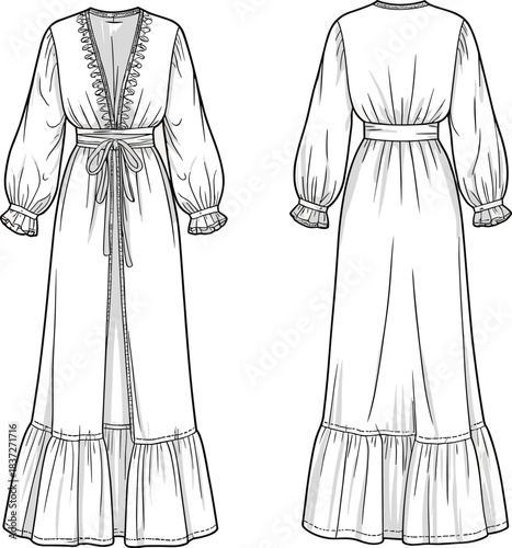 Elegant bohemian long-sleeve maxi dress fashion flat featuring lace-trim neckline, tie-front waist, ruffled hem, and detailed front and back technical illustration.