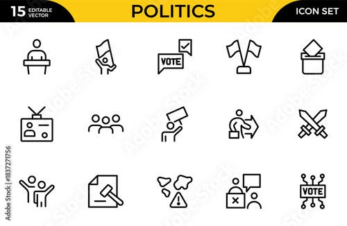 Politics line icon set. Decrees, Votes, Campaigns,  Elections, Flags, Solutions, and Checking. Thin outline icons pack. Vector illustration