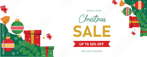 merry christmas sale offer banner with winter night christmas decorative element , gift box, tree, leaf, bell, snowflakes, 
