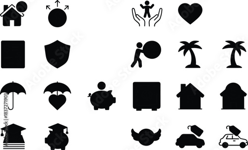 Extensive collection of thin line icons for general use, featuring items like a key, car, bus, briefcase, clipboard, pencil, film reel, document, bell/alert, backpack