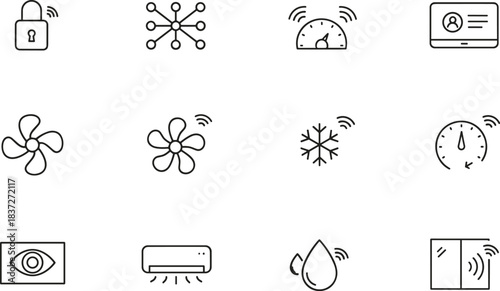 Set of thin line icons for Smart Home, Wireless Connectivity, and HVAC Systems, featuring a Wi-Fi enabled lock,
