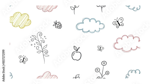 Whimsical Doodle: Playful doodle art with clouds, butterfly, leaves and a cute apple. A fun illustration designed for adding a touch of innocence and fun to any project.