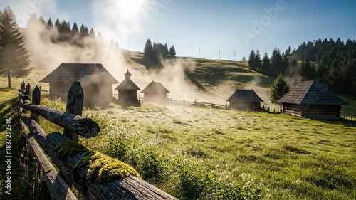 Misty Morning in a Traditional Carpathian Village with Wooden Fences and Huts.