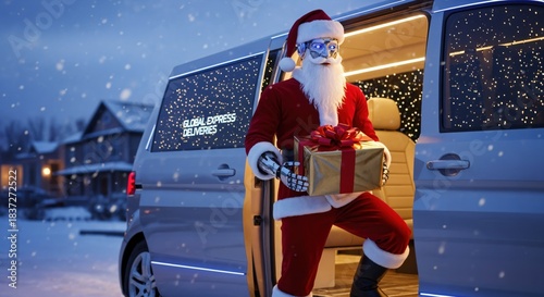 A Humanoid Robot Santa Claus Exiting a Minivan with a Gift Amidst a Snowy Neighborhood Setting during the Christmas Holiday Season
