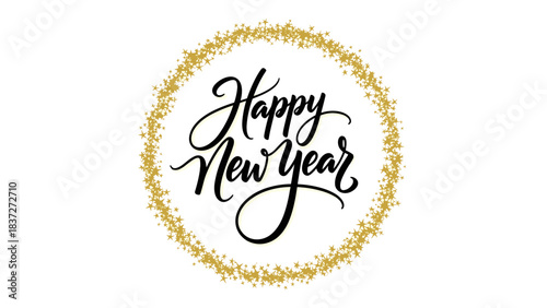 Happy new year calligraphy text inside a gold glitter circle