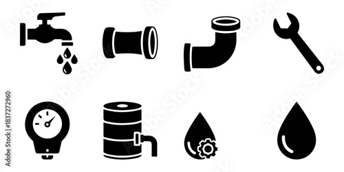 Collection of essential plumbing and water supply icons, featuring pipes, faucets, gauges, and wrench tools for design projects and technical illustrations