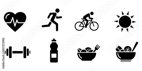 Collection of diverse black silhouette icons representing essential elements of health, fitness, and an active lifestyle, including exercise, nutrition, and wellness symbols for daily well-being
