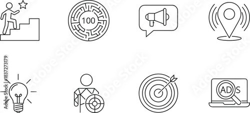 Collection of outline icons for marketing, strategy, and business goals, featuring a figure climbing stairs towards a star (ambition/success), a labyrinth with the number 100