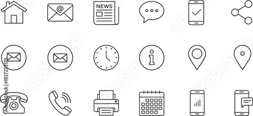 Contact communication line icons set including email, chat, phone, location, calendar, news, information, share, mobile and office symbols