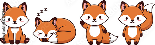 Cute fox cartoon vector set with sitting sleeping and standing animal characters in pastel kawaii style