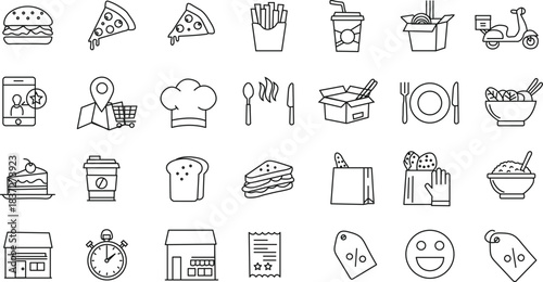 Collection of line icons representing various food delivery service elements, including meals, restaurant, and order process
