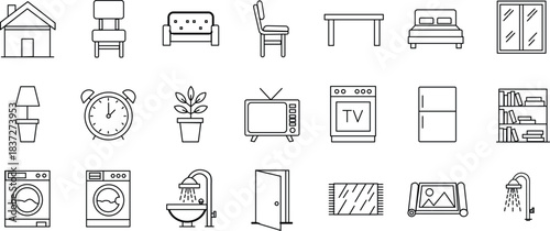 Set of hand drawn black and white line icons representing various home furniture and appliance objects