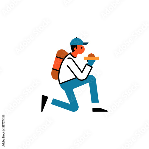 Delivery person kneeling with food package and backpack on black background
