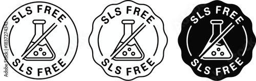 SLS Free Certification Seals: Set of three icons with crossed out test tube for product packaging, signifying the absence of harsh sulfates and chemical transparency