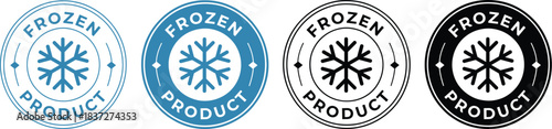 Set of Four Frozen Product Stamp Icons with Snowflake, Thermometer, and Text for Cold Food Packaging and Storage Certification Labels