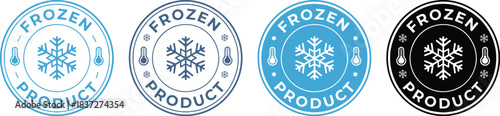 Set of Four Frozen Product Stamp Icons with Snowflake, Thermometer, and Text for Cold Food Packaging and Storage Certification Labels