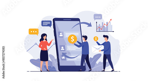 Business team uses a mobile banking app for secure online money transfers and financial data analysis for business growth.