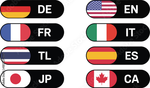 International Flag and Language Codes: Set of eight icons for website localization, application settings, global e-commerce, translation, and user region selection