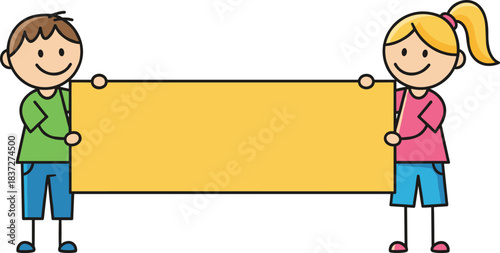 Cute kids holding blank banner cartoon vector illustration for education advertising presentation and message display