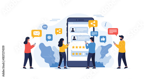 Group of people using their phones to interact with a social media app leaving reviews likes and comments for online engagement.