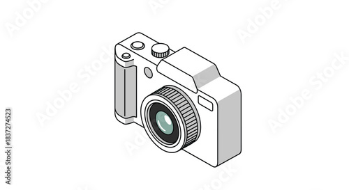 Simple isometric black and white line art illustration of a modern digital mirrorless camera isolated on a white background.