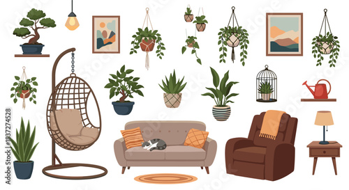 Collection of cozy and stylish home decor elements featuring comfortable furniture and numerous houseplants for a modern interior.