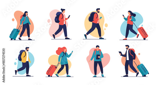 Set of diverse young tourists with backpacks and rolling suitcases walking and using their smartphones while traveling the world.