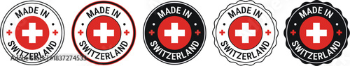 Made in Switzerland Seals: Set of five patriotic Swiss flag cross icons for product labeling, signifying national origin, high quality, and precision manufacturing
