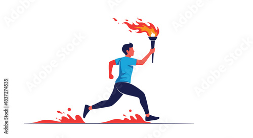 Male athlete running with a flaming torch symbolizing spirit competition and the pursuit of victory and success in sports.