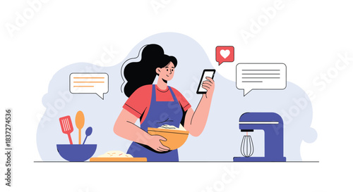 Woman in an apron follows a recipe on her smartphone while baking getting likes and comments on her food blog or social media.