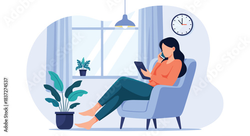 Woman relaxes in a comfortable armchair at home multitasking by talking on the phone and browsing on her digital tablet.