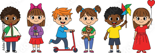 Cute kids cartoon vector set with happy children playing holding toys flowers balloon and pinwheel