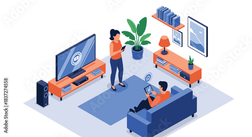 Isometric illustration of a couple using smartphones to control their smart home devices in a modern living room via an app.