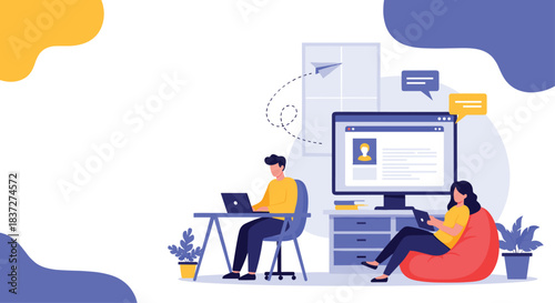 Man and woman work or communicate online from a comfortable remote workspace using laptops for business or social connection.