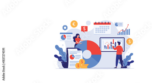 Business team collaborates to analyze financial data and budget allocation by arranging segments of a large pie chart together.