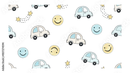 Whimsical World of Cars and Smiles: A delightful pattern of charming cars, smiley faces, and twinkling stars dance across a light backdrop. This playful design evokes a sense of joy, adventure.