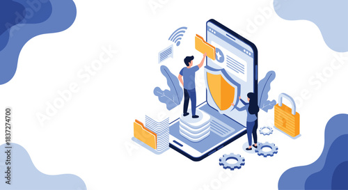 Isometric concept of mobile data security with developers working to protect personal information and confidential files online.