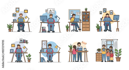 Collection of scenes showing a man's daily routine while working or studying from home using his laptop in various settings.
