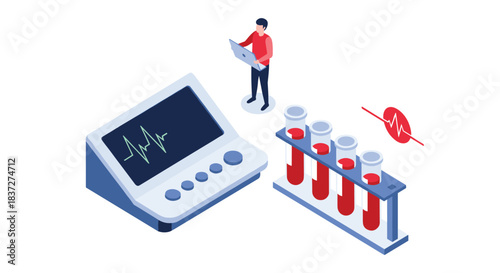 Isometric medical concept of health diagnostics with a doctor analyzing EKG results and blood test samples on a laptop.