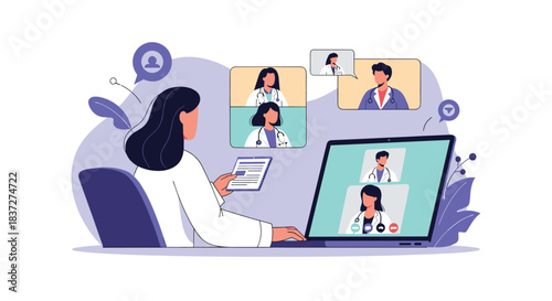 Female doctor leads an online medical conference or team meeting with other healthcare professionals via a video call on her laptop.