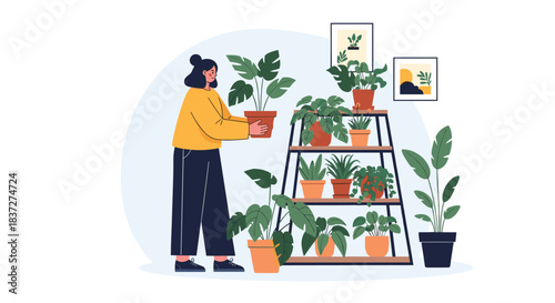 Young woman enjoys her indoor gardening hobby by arranging and caring for various potted houseplants on a stylish shelf.