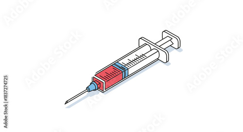 Isometric icon of a disposable medical syringe with a sharp needle filled with red liquid for injection or vaccination.