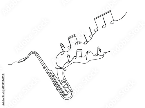 Continuous line art drawing of saxophone music instrument with flowing music note. Saxophone with music notes in single outline illustration.