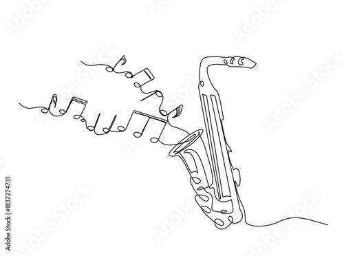 Continuous line art drawing of saxophone music instrument with flowing music note. Saxophone with music notes in single outline illustration.