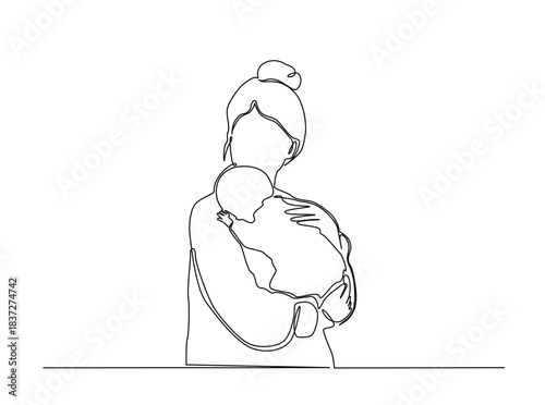 Single Continuous Line Drawing of Mother Cradling Newborn Baby