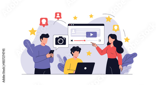 Team of digital marketers or content creators collaborating on a viral video strategy to increase audience engagement online.