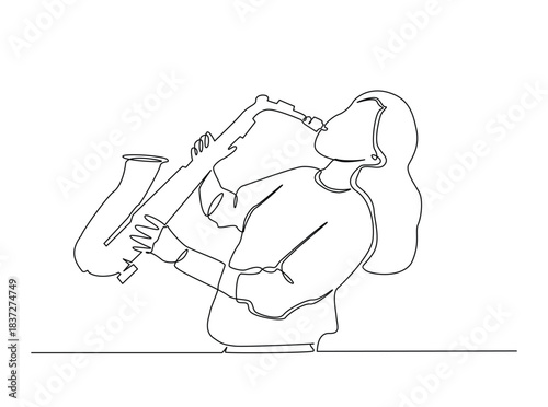 Continuous line art drawing of Saxophonist Perfomance. Woman playing saxophone outline draw illustration.